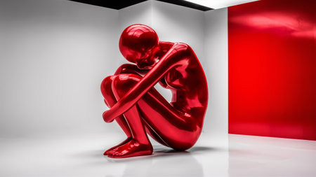 A red sculpture of a woman sitting in the corner, AIの素材