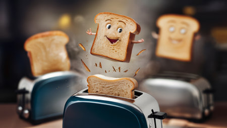 A toaster with a slice of bread flying out and two other slices, AIの素材