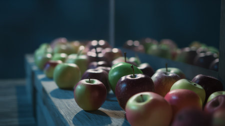 A row of apples are lined up on a wooden shelf, AIの素材