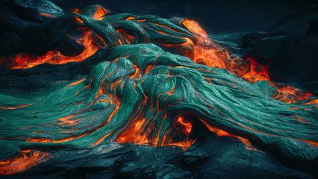A close up of a green and orange lava flow, AIの素材