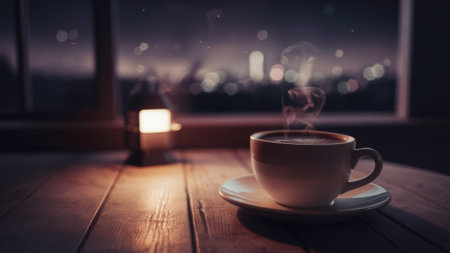 A cup of coffee on a table with steam coming out, AIの素材