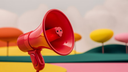 A red megaphone sitting on a colorful background with other objects, AIの素材