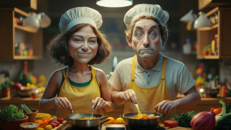 A man and woman in chef hats cooking food together, AIの素材
