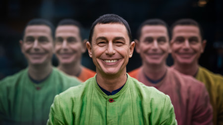A man in a green shirt smiling with his face blurred, AIの素材