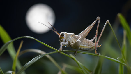 A grasshopper sitting on a blade of green grass, AIの素材