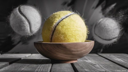 A wooden bowl with tennis balls in it on a table, AIの素材