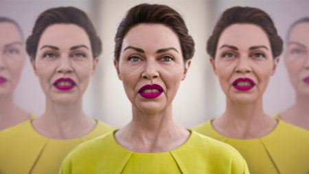 A woman with a bunch of faces and one has lipstick, AIの素材