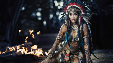 A woman in a native american costume sitting on the ground, AIの素材