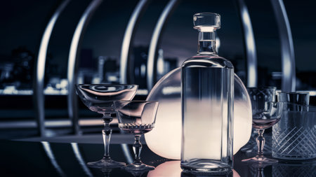 A bottle of vodka sitting on a table with glasses, AIの素材