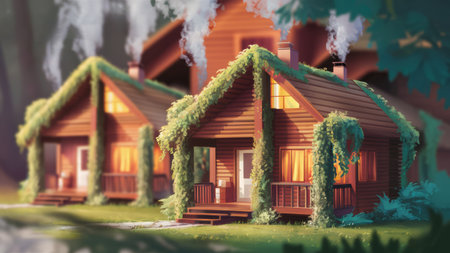 Two small wooden houses with vines growing on them, AIの素材