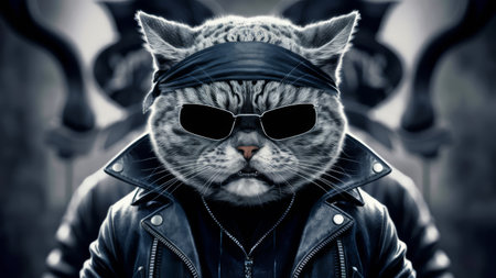A cat wearing a leather jacket and sunglasses with the words "trouble" written on it, AIの素材