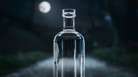 A bottle of a glass with water in it sitting on the ground, AIの素材