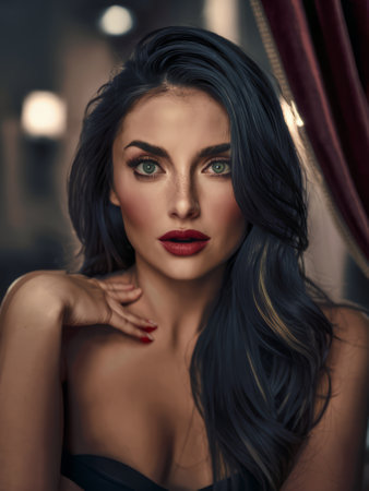 A woman with long dark hair and a black bra, AIの素材