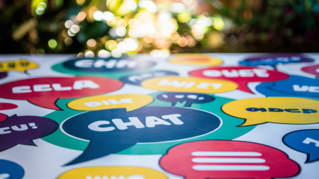 A colorful speech bubbles are displayed on a table, AIの素材