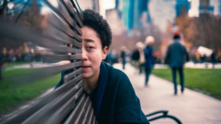 A man with a black shirt and curly hair leaning against the metal bars, AIの素材