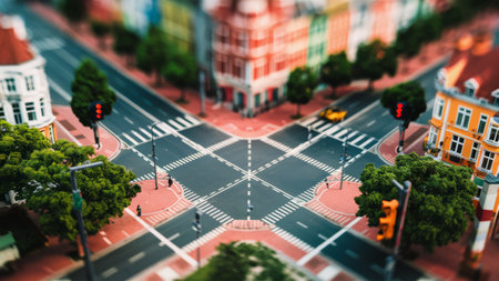 A view of a city street with buildings and trees in the background, AIの素材