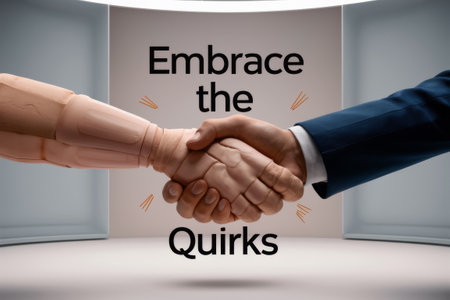 One people and one mannequin shaking hands with the words embrace the quarks, AIの素材