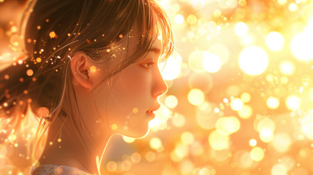A woman with a white shirt and brown hair in front of golden light, AIの素材