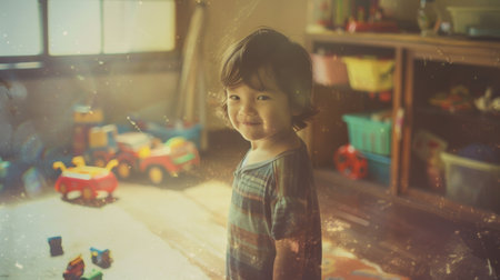 A young boy standing in a room with toys and other children, AIの素材