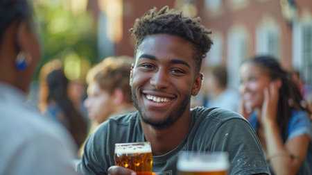 A man smiling while holding a beer in his hand, AIの素材
