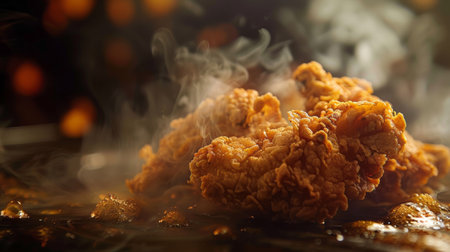 A close up of fried chicken on a grill with smoke, AIの素材