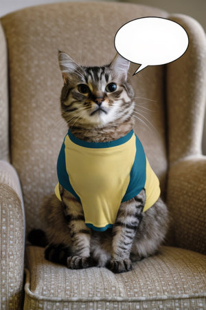 A cat sitting on a chair with an empty speech bubble, AIの素材