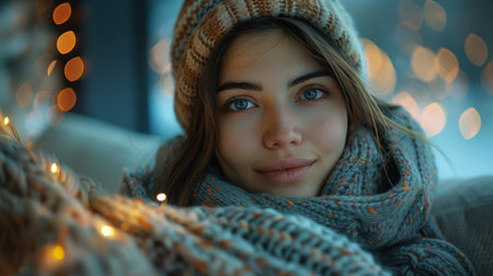 A woman in a hat and scarf looking at the camera, AIの素材