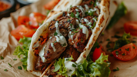 A close up of a pita filled with meat and vegetables, AIの素材
