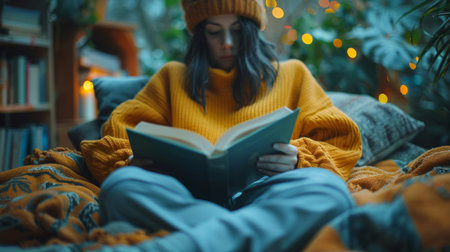 A woman in a yellow sweater reading book on bed, AIの素材
