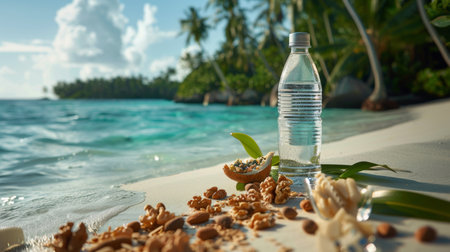 A bottle of water on the beach with shells and nuts, AIの素材