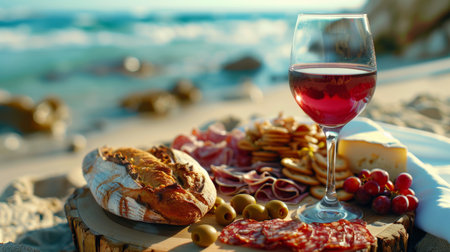 A glass of a wine and some food on the beach, AIの素材