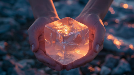 A person holding a small block of ice with lights inside, AIの素材