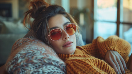 A woman in a sweater and sunglasses laying on the couch, AIの素材