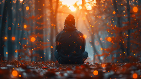 A person sitting in the middle of a forest with orange lights, AIの素材