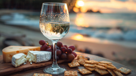 A glass of wine and crackers on a table next to the ocean, AIの素材