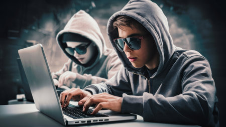 Two young hackers in hoodies using laptops with sunglasses on, AIの素材