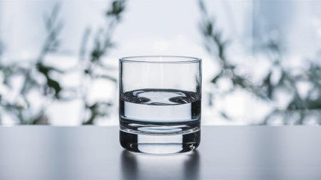 A glass of water sitting on a table with some plants in the background, AIの素材