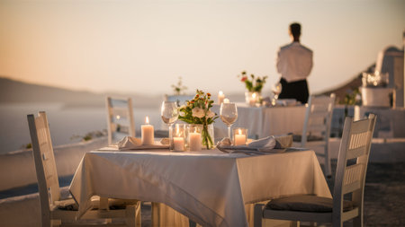 A table set with candles and flowers on a hillside, AIの素材