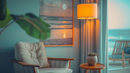 A living room with a chair, lamp and table in front of the window, AIの素材