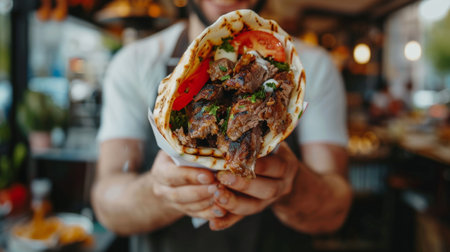 A man holding a large pita filled with meat and vegetables, AIの素材