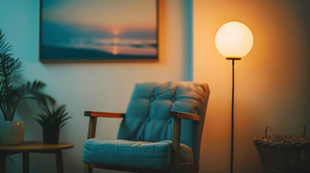 A chair sitting in a room with an art piece on the wall, AIの素材