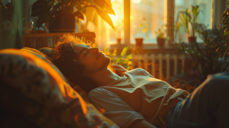 A man laying on a couch with his eyes closed, AIの素材
