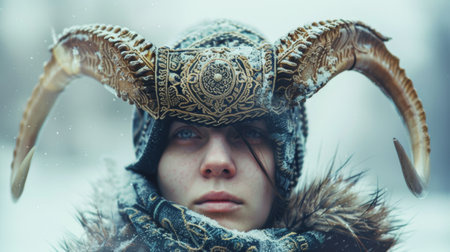 A close up of a woman with horns on her head, AIの素材