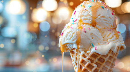 A close up of a cone with ice cream and sprinkles, AIの素材
