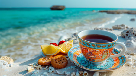 A cup of tea and cookies on the beach with a view, AIの素材
