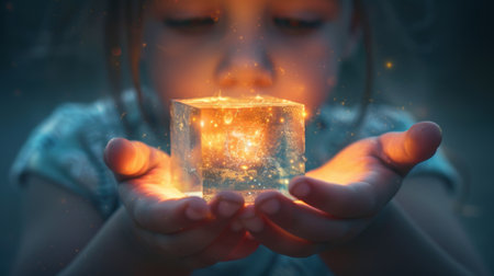 A young girl holding a glowing cube in her hands, AIの素材