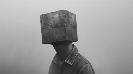 A man with a block on his head in the fog, AIの素材