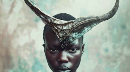 A woman with horns on her head and a black dress, AIの素材