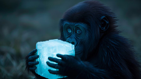 A gorilla holding a block of ice in its mouth, AIの素材