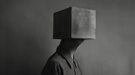 A man with a box on his head and wearing an old shirt, AIの素材